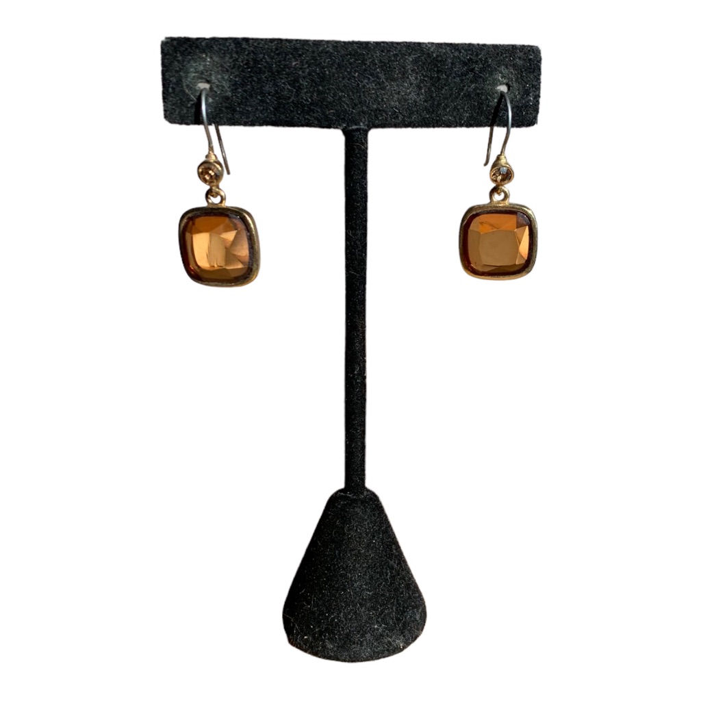 Gold Tone Squares W Translucent Caramel Colored Lucite Gems Pierced Earrings